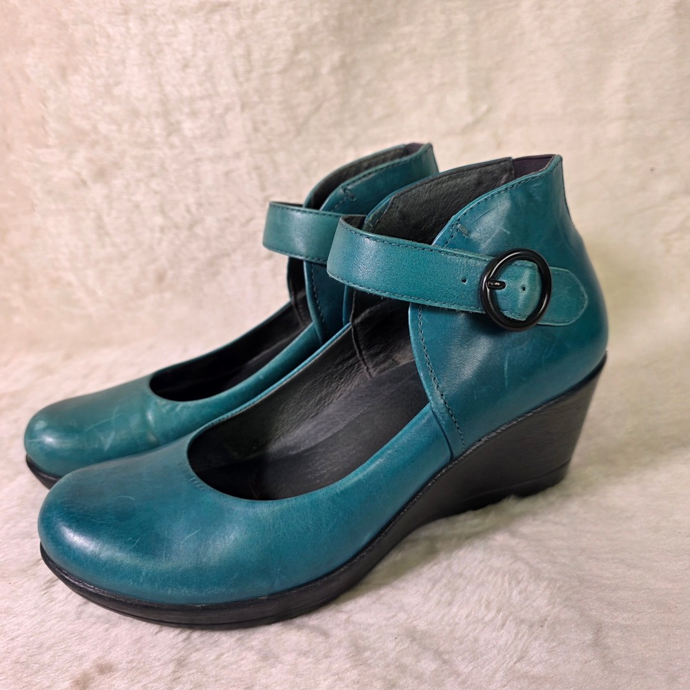 Dansko Mary Jane Wedge Heels Loafers Teal Leather Ankle Strap Womens 40 9